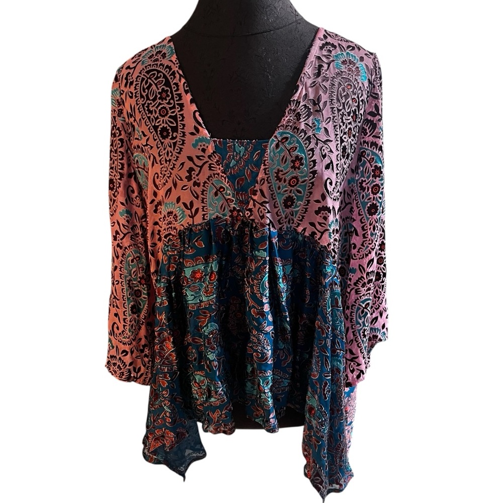 Floreat Anthropologie Valo Silk Blend Paisley Velvet Burn Out Boho Tunic Large - Picture 3 of 8
